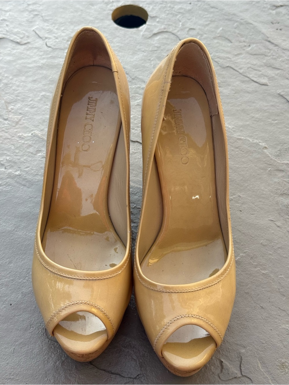 Jimmy Choo Nude Patent Peep-Toe Heels